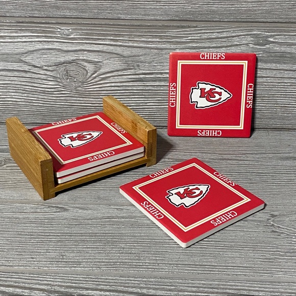 The Memory Company Other - Kansas City Chiefs Coasters With Wood Caddy - Set Of 4 - Resin 4x4 Inch - New